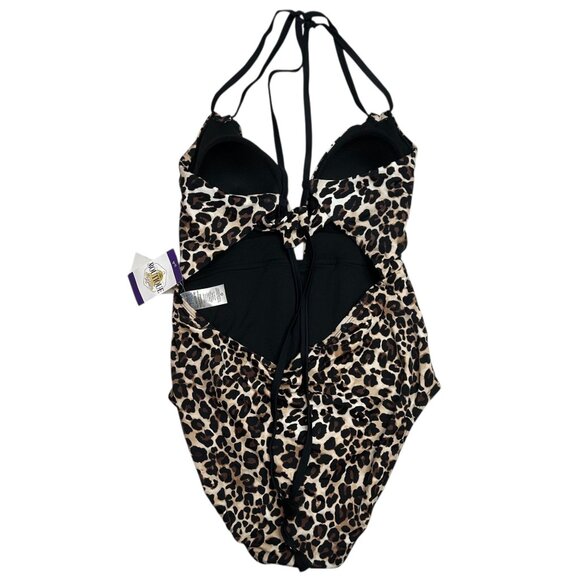NWT Time And Tru Womens XL Leopard Print One Piece Halter Swimsuit Open Back - Picture 2 of 16